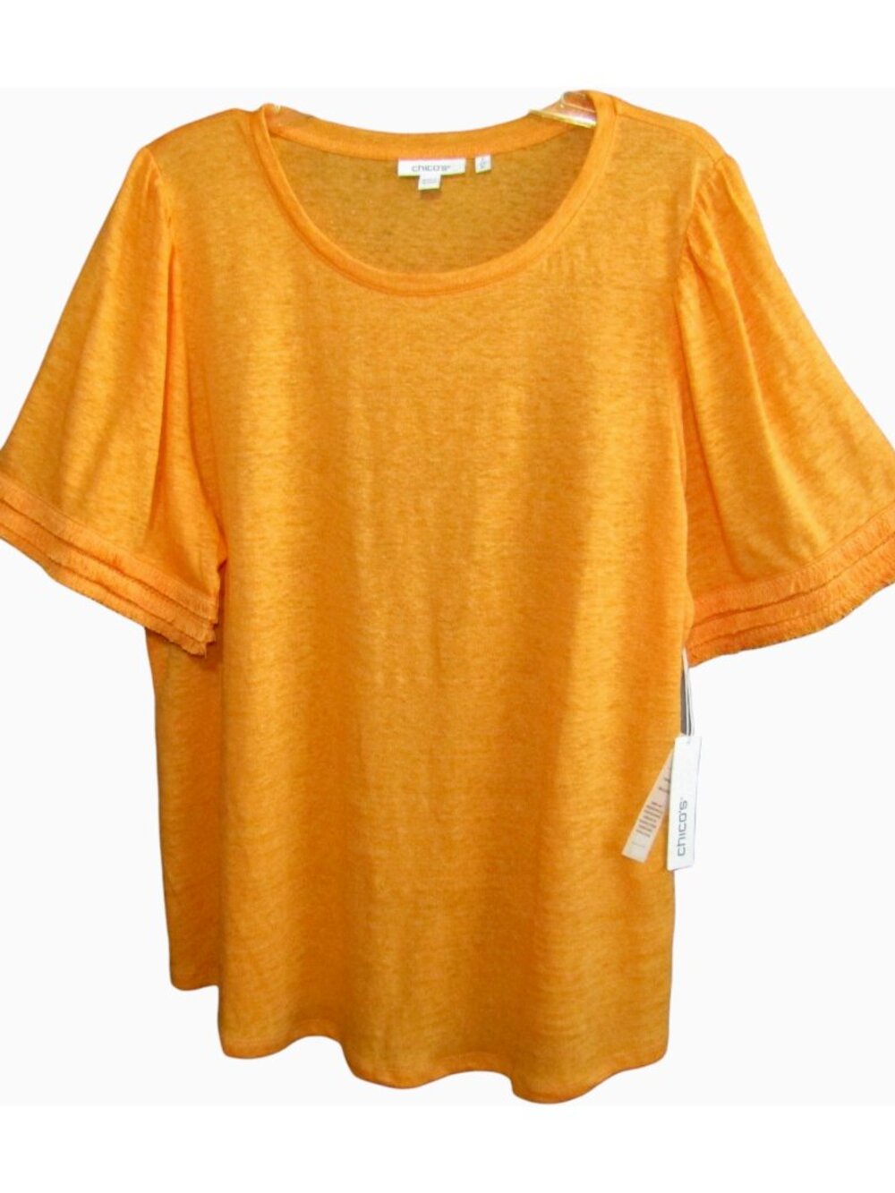 Chicos 100% Linen Fringe Sleeve Tee Top Size XL 3 Mango Ice Orange Women New Tag